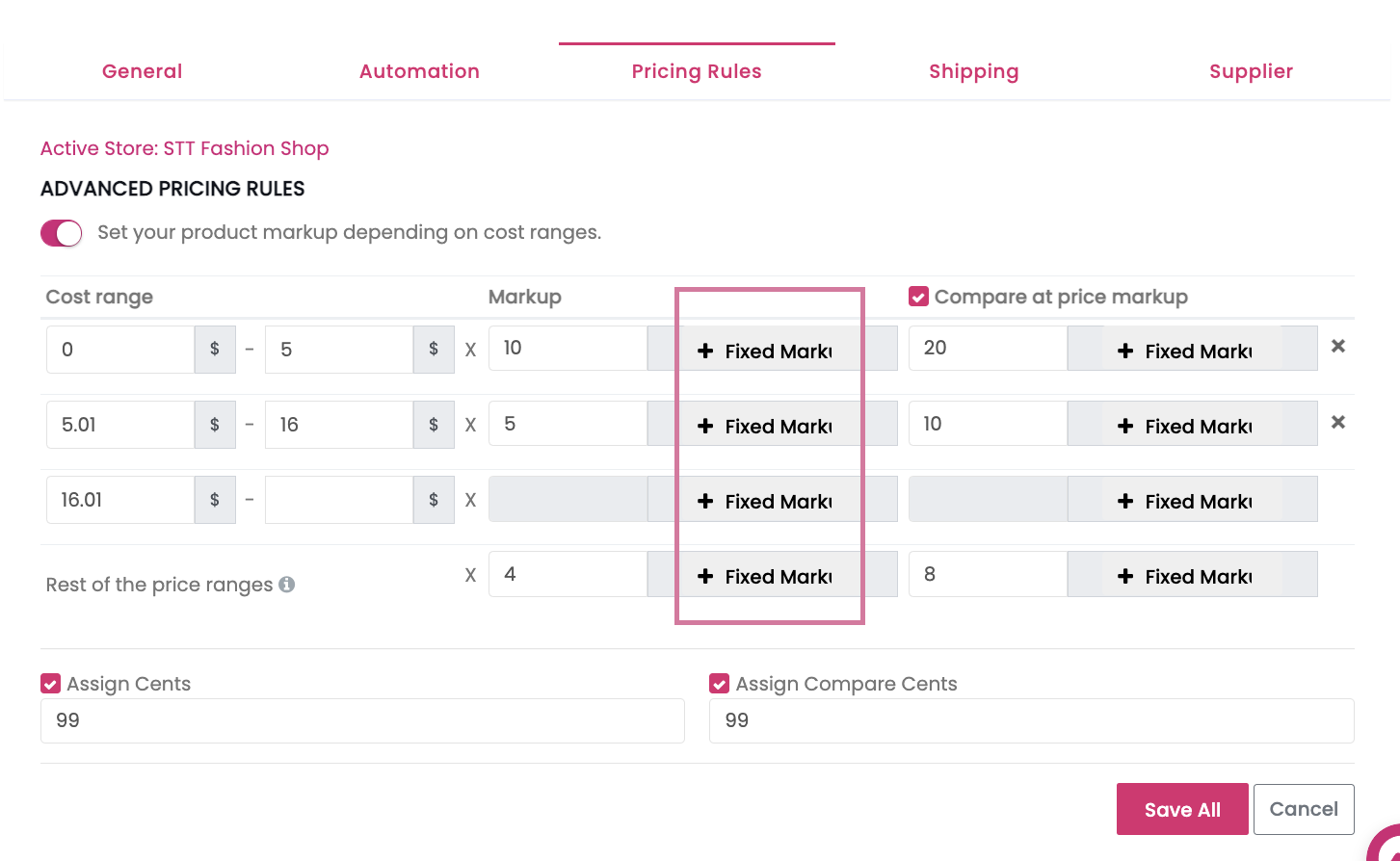 Fixed markup pricing rule